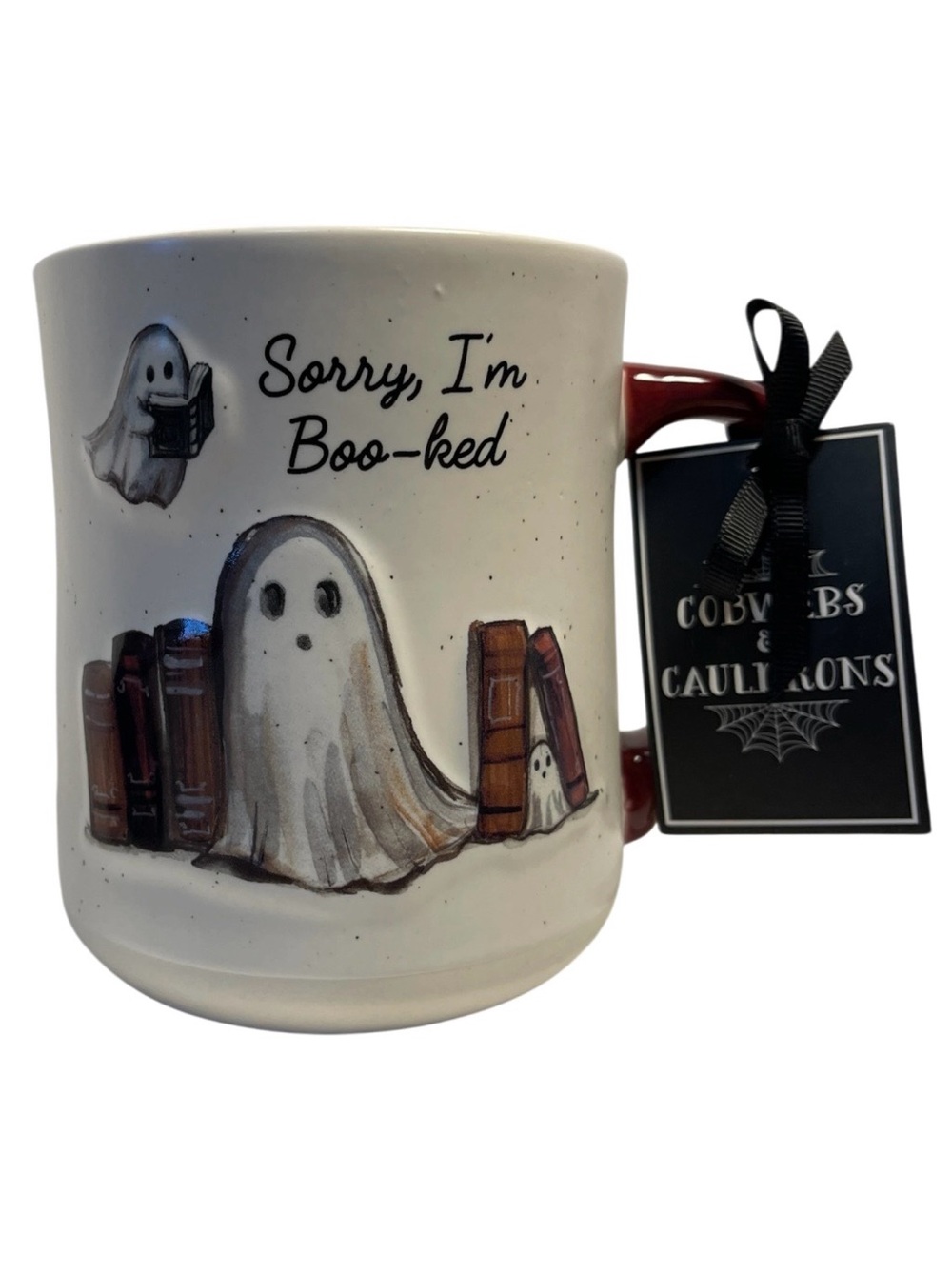 Cobwebs & Cauldrons Halloween Ghost Mug “Sorry I’m Boo-ked” - NWT **